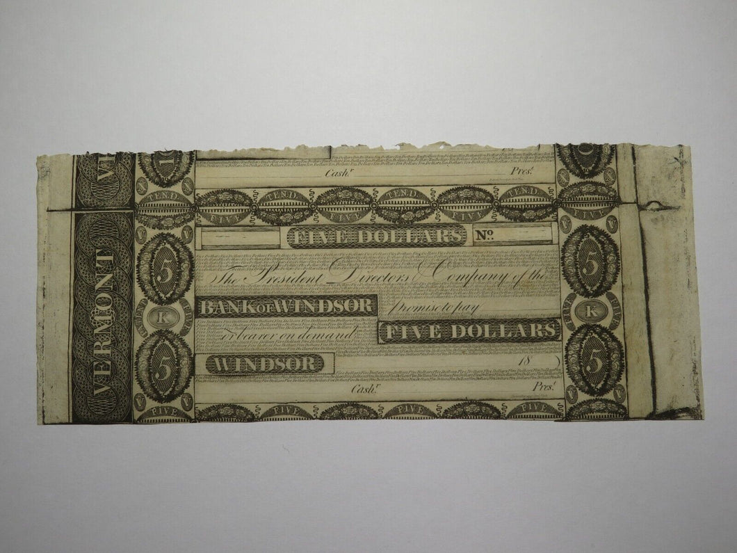 $5 18__ Windsor Vermont Obsolete Currency Bank Note Bill Remainder Miscut UNC+