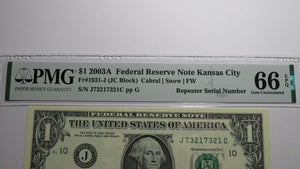 $1 2003A Repeater Serial Number Federal Reserve Currency Bank Note Bill UNC66EPQ