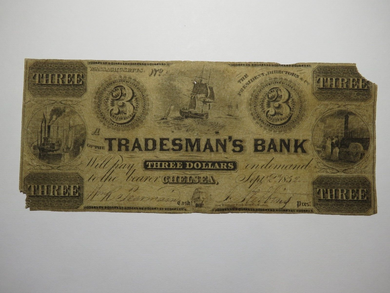 $3 1852 Chelsea Massachusetts MA Obsolete Currency Bank Note Bill Tradesman's