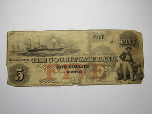 $5 1852 Boston Massachusetts MA Obsolete Currency Bank Note Bill Cochituate Bank