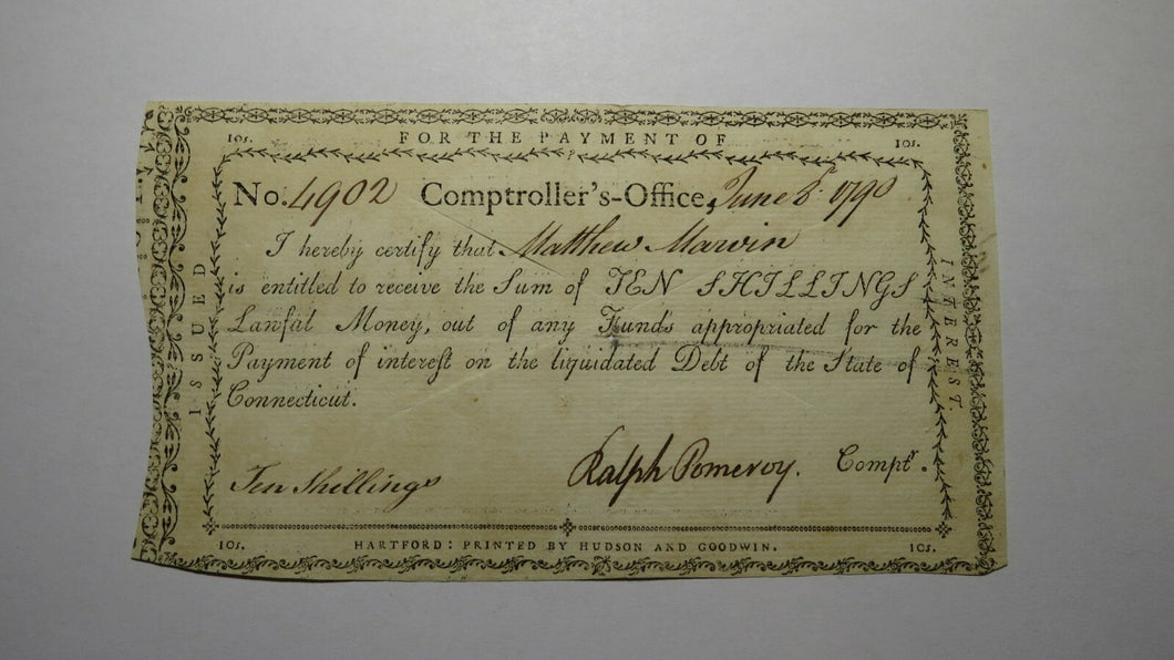 1790 10s Connecticut Comptroller's Office Colonial Currency Note! Pomeroy Signed