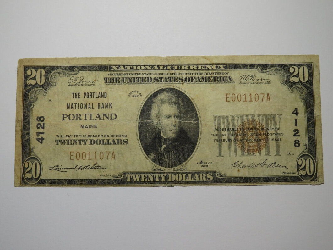 $20 1929 Portland Maine ME National Currency Bank Note Bill Charter #4128 FINE