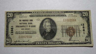 $20 1929 Prospect Park New Jersey NJ National Currency Bank Note Bill #12861 VF