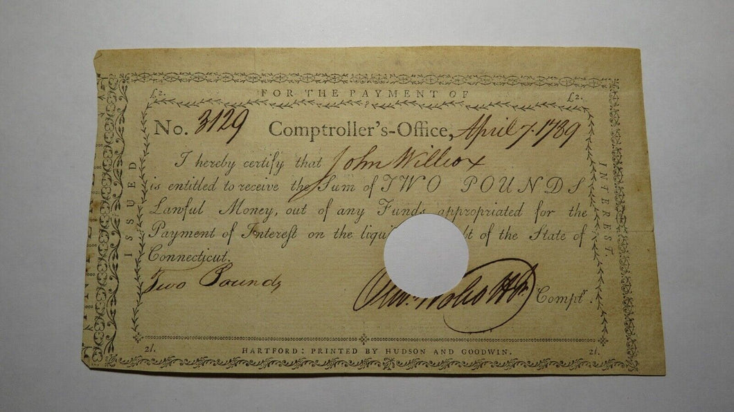 1789 2 Pounds Connecticut Colonial Currency Interest Certificate Oliver Wolcott