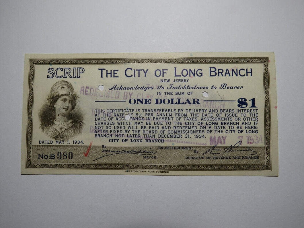 $1 1934 Long Branch New Jersey NJ Obsolete Currency Bank Note Scrip City of LB