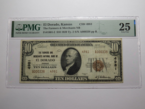 $10 1929 El Dorado Kansas KS National Currency Bank Note Bill Ch. #4981 VF25 PMG