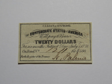 $20 1861 Confederate Bond Coupon Certificate Currency Bank Note Bill UNC