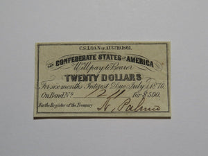 $20 1861 Confederate Bond Coupon Certificate Currency Bank Note Bill UNC