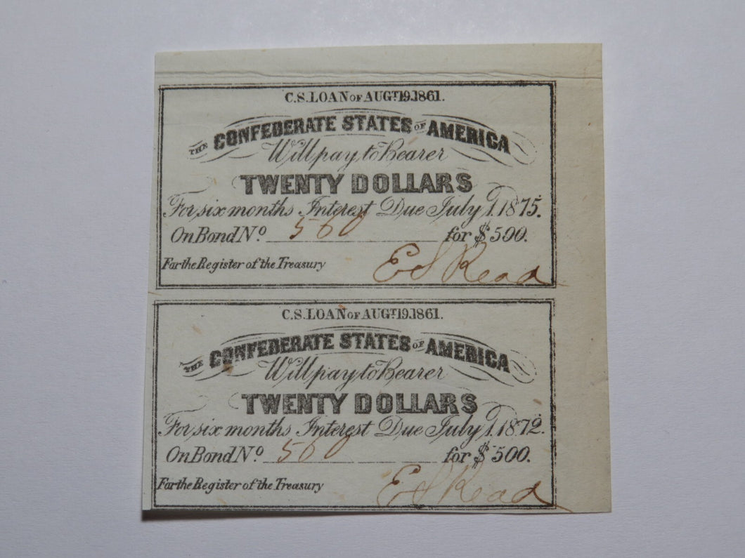 $20 1861 Confederate Bond Coupon Certificate Uncut Sheet Currency Bank Note Bill
