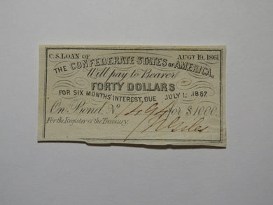 $40 1861 Confederate Bond Coupon Certificate Currency Bank Note Bill UNC