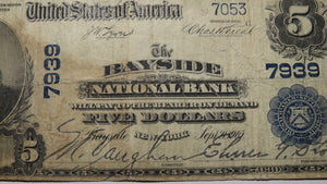 $5 1902 Bayside New York NY National Currency Bank Note Bill! Ch. #7939 RARE!