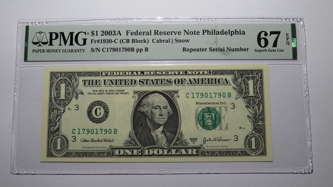 $1 2003 Repeater Serial Number Federal Reserve Currency Bank Note Bill PMG UNC67