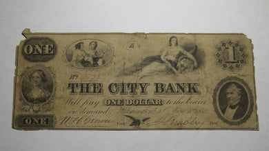 $1 1852 Washington D.C. Obsolete Currency Bank Note Bill! The City Bank of DC