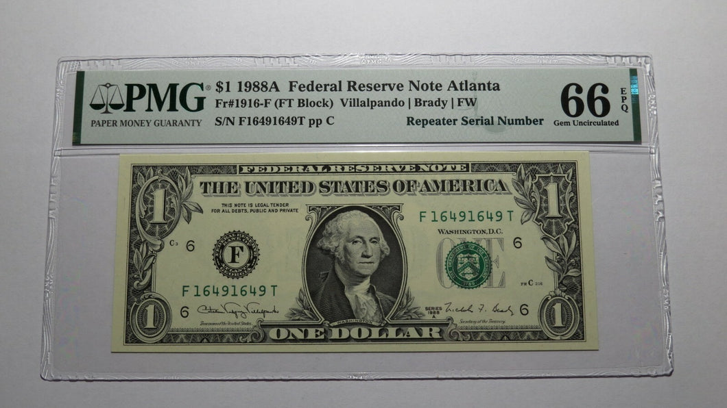 $1 1988 Repeater Serial Number Federal Reserve Currency Bank Note Bill PMG UNC66
