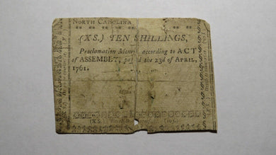 1761 Ten Shillings North Carolina NC Colonial Currency Note Bill 10s RARE ISSUE