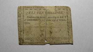 1761 Ten Shillings North Carolina NC Colonial Currency Note Bill 10s RARE ISSUE