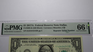 $1 2017 Repeater Serial Number Federal Reserve Currency Bank Note Bill PMG UNC66