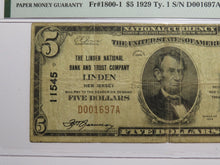 Load image into Gallery viewer, $5 1929 Linden New Jersey NJ National Currency Bank Note Bill Ch #11545 PMG VF20