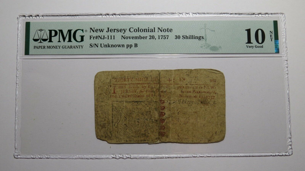 1757 Thirty Shillings New Jersey NJ Colonial Currency Bank Note Bill PMG 30s!