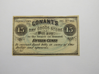 $.15 1862 Provincetown Massachusetts Obsolete Currency Bank Note Bill Conant's