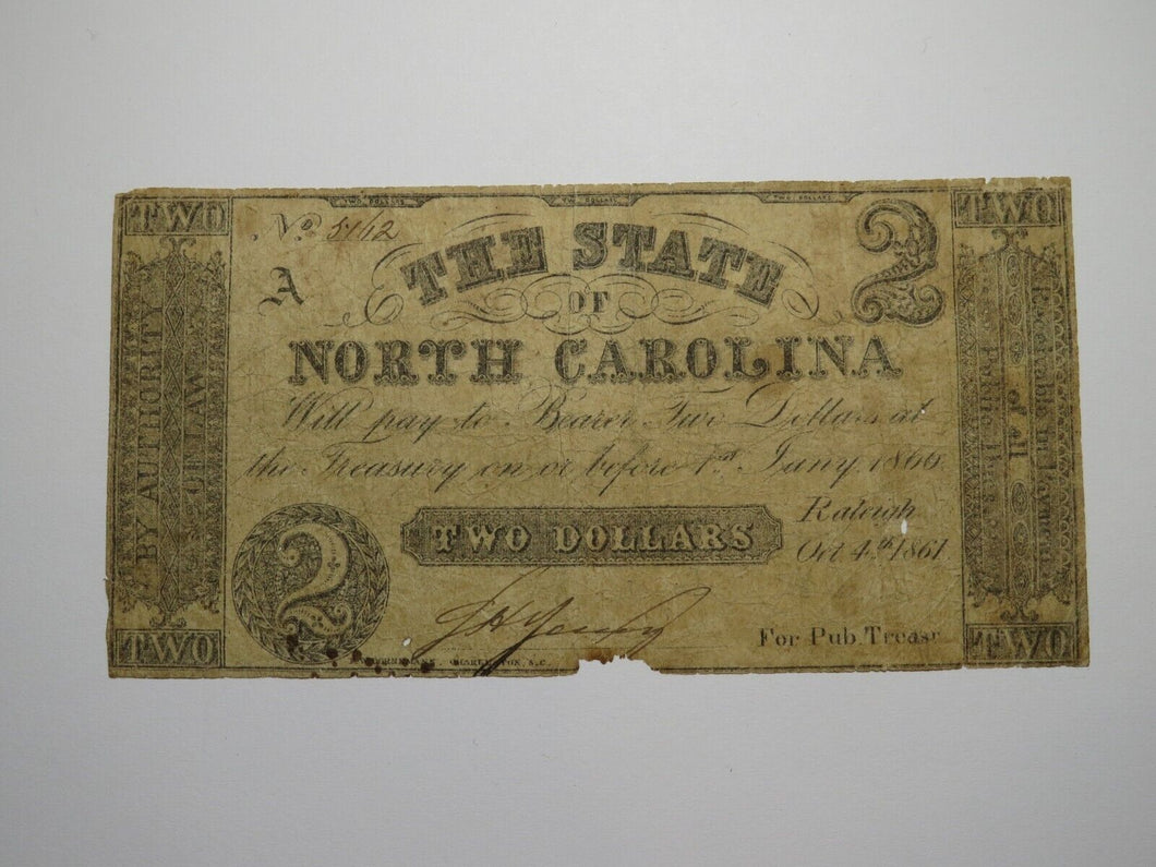 $2 1861 Raleigh North Carolina Obsolete Currency Bank Note Bill State of NC