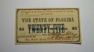 $.25 1863 Tallahassee Florida Obsolete Currency Bank Note Bill State of FL AU+++