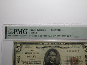 $5 1929 Pratt Kansas KS National Currency Bank Note Bill Charter #6229 VF25 PMG