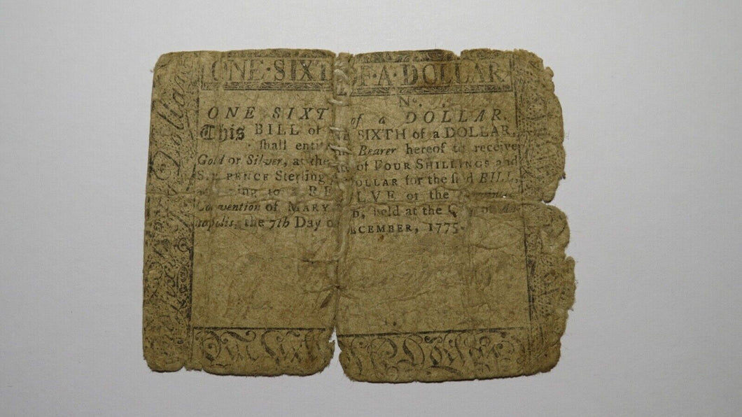 1775 $1/6 Annapolis Maryland MD Colonial Currency Note Bill! RARE ISSUE