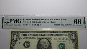 $1 1995 Radar Serial Number Federal Reserve Currency Bank Note Bill PMG UNC66EPQ
