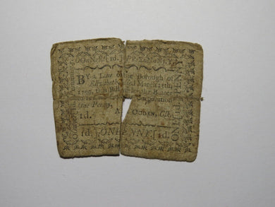 1790 One Penny Newark New Jersey Colonial Currency Note Bill Elizabeth Borough