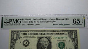 $1 2003 Radar Serial Number Federal Reserve Currency Bank Note Bill PMG UNC65EPQ