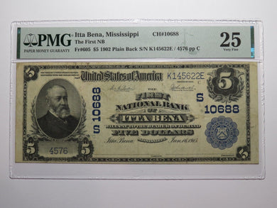 $5 1902 Itta Bena Mississippi National Currency Bank Note Bill #10688 PMG VF25