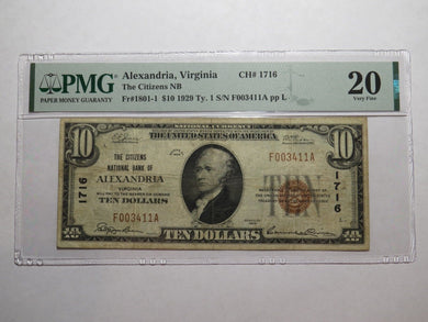 $10 1929 Alexandria Virginia VA National Currency Bank Note Bill #1716 VF20 PMG