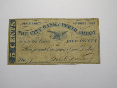 $.05 1862 Perth Amboy New Jersey NJ Obsolete Currency Bank Note Bill City Bank