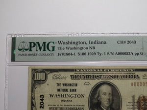 $100 1929 Washington Indiana IN National Currency Bank Note Bill Ch #2043 VF25