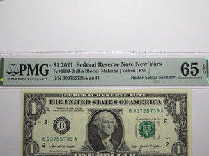 $1 2021 Radar Serial Number Federal Reserve Currency Bank Note Bill PMG UNC65EPQ