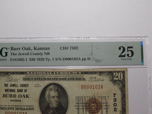 $20 1929 Burr Oak Kansas KS National Currency Bank Note Bill Ch. #7302 VF25 PMG
