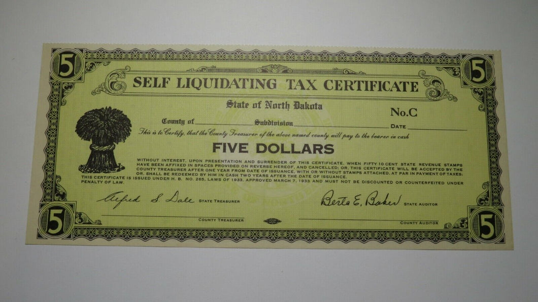 $1 1933 Bismarck North Dakota ND Obsolete Currency Bank Note Scrip! Tax Cert.