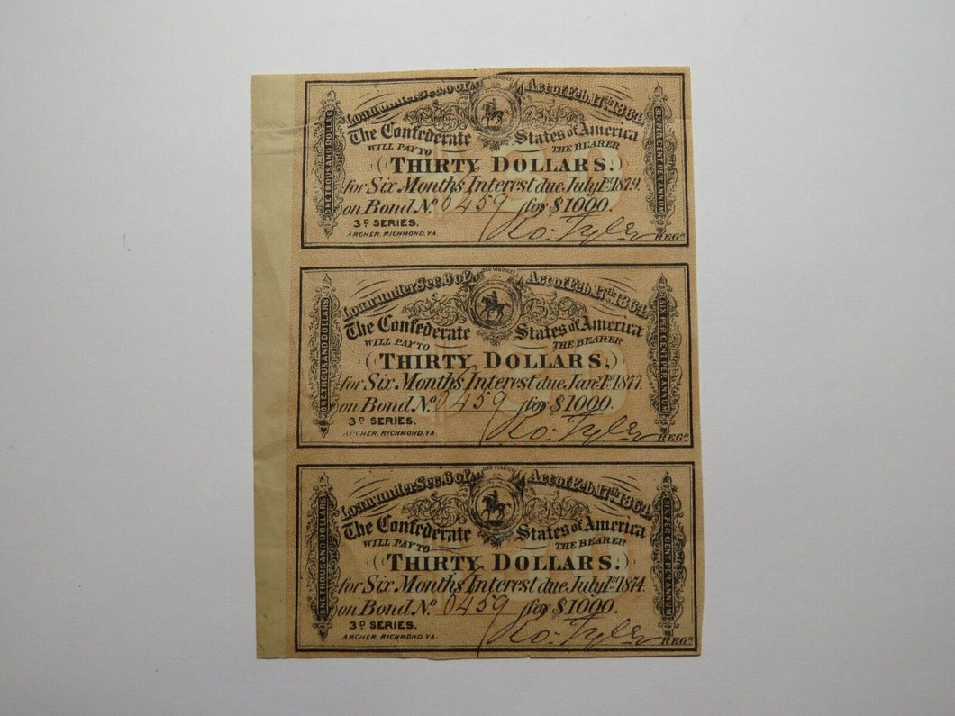 $30 1864 Confederate Bond Coupon Certificate Uncut Sheet Currency Bank Note Bill