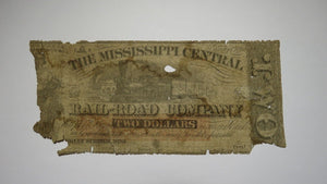 $2 1862 Holly Springs Mississippi Obsolete Currency Bank Note Bill Central RR