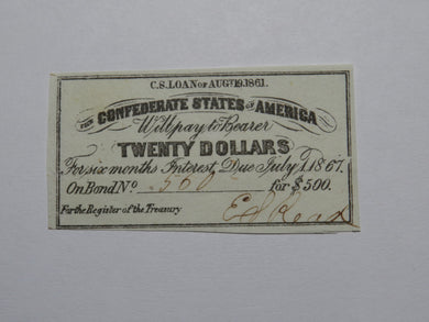 $20 1861 Confederate Bond Coupon Certificate Currency Bank Note Bill UNC