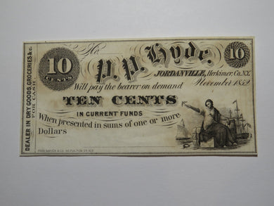 $.10 1852 Jordanville New York Obsolete Currency Bank Note Bill P.P. Hyde UNC+++