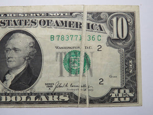 $10 1969 Double Gutter Fold Error Federal Reserve Bank Note Currency Bill VF+