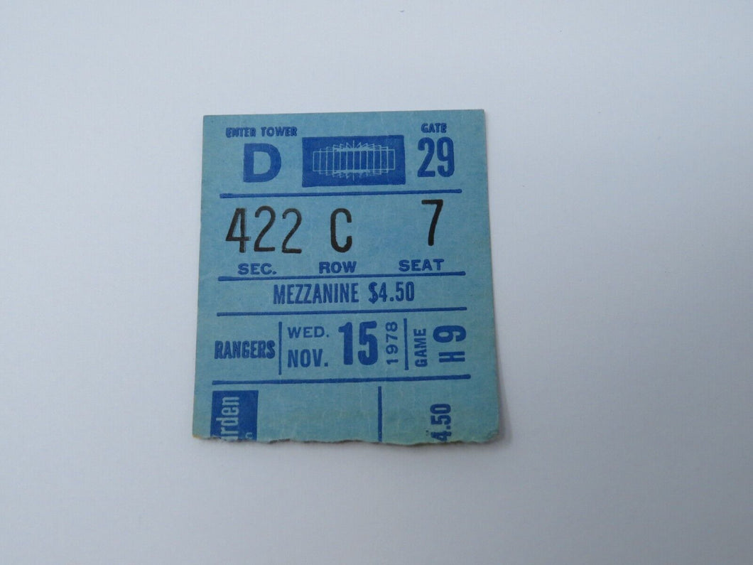 November 15, 1978 New York Rangers Vs. Chicago Blackhawks NHL Hockey Ticket Stub