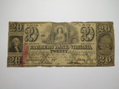 $20 1856 Richmond Virginia Obsolete Currency Bank Note Bill Farmers Bank of VA