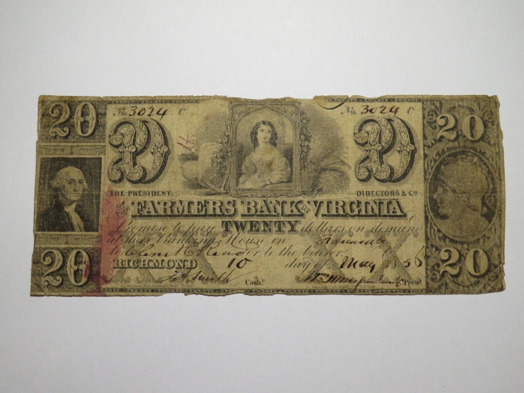 $20 1856 Richmond Virginia Obsolete Currency Bank Note Bill Farmers Bank of VA