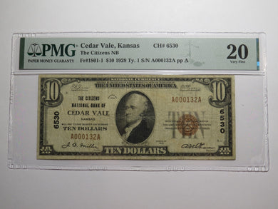 $10 1929 Cedar Vale Kansas KS National Currency Bank Note Bill Ch. #6530 VF20