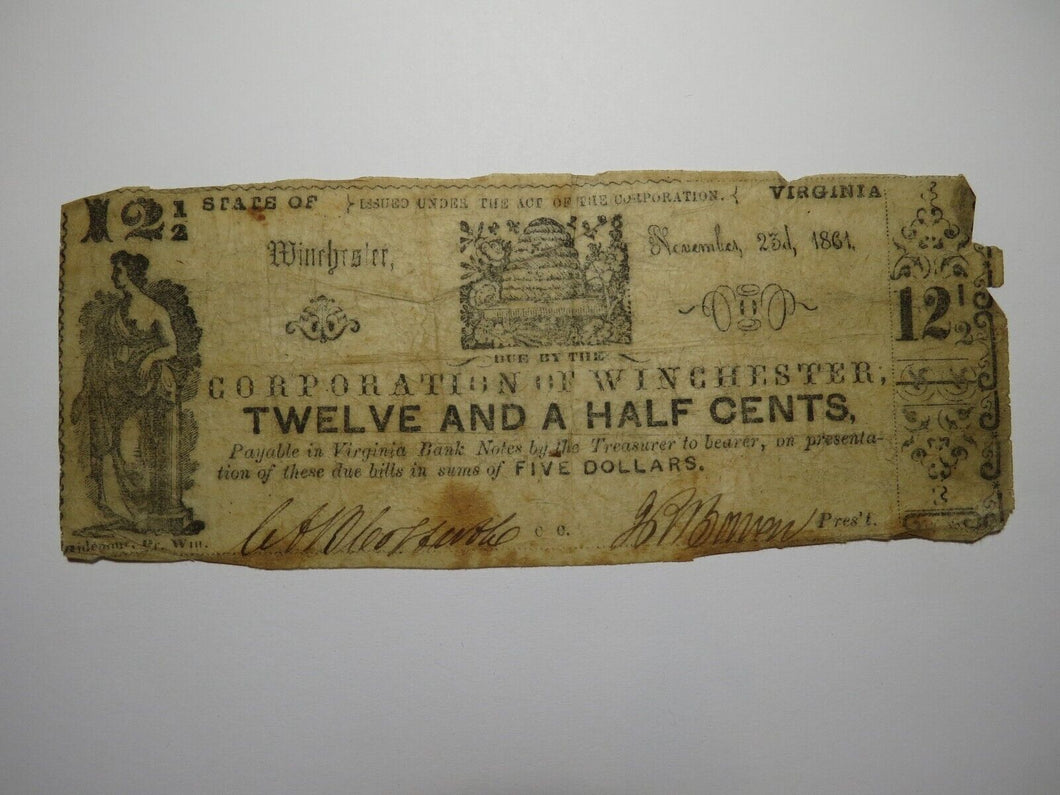 $.12 1/2 1861 Winchester Virginia Obsolete Currency Bank Note Bill Corp. of Win.