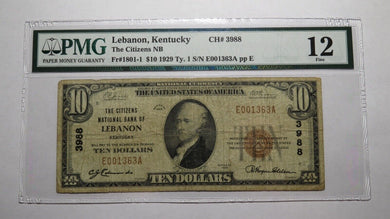 $10 1929 Lebanon Kentucky KY National Currency Bank Note Bill Ch #3988 F12 PMG