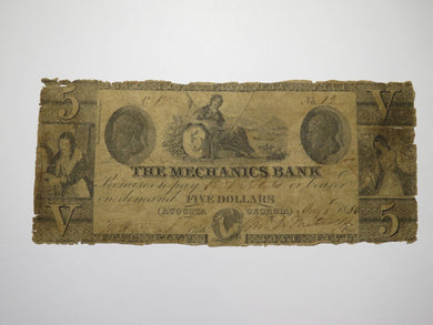 $5 1856 Augusta Georgia GA Obsolete Currency Bank Note Bill! The Mechanics Bank